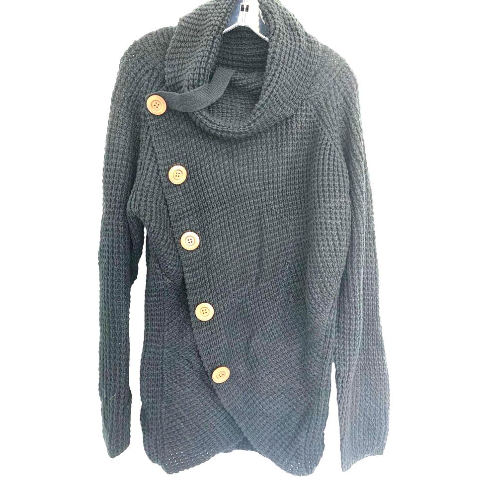 Grecerelle Chunky Knit Sweater XL Black Cowl Neck Button Collar Cardigan Cozy